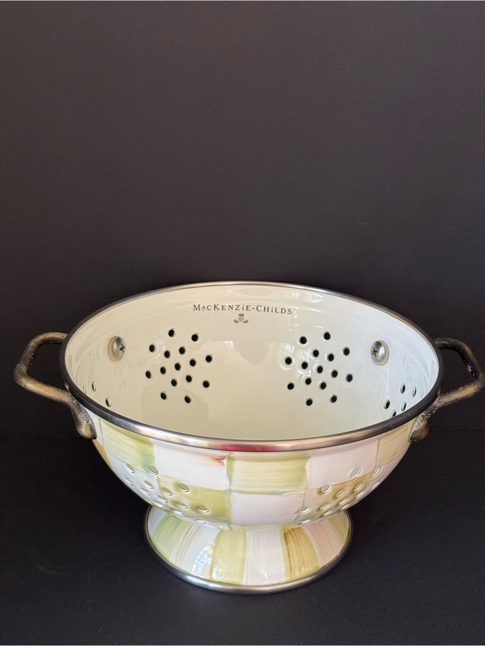 Retired MacKenzie-Childs Parchment Check Small Ceramic Colander
